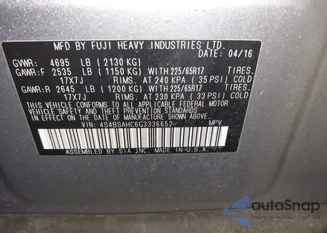 2016 Subaru Outback 2.5I Premium из США, поврежденный, VIN 4S4BSAHC6G3336652